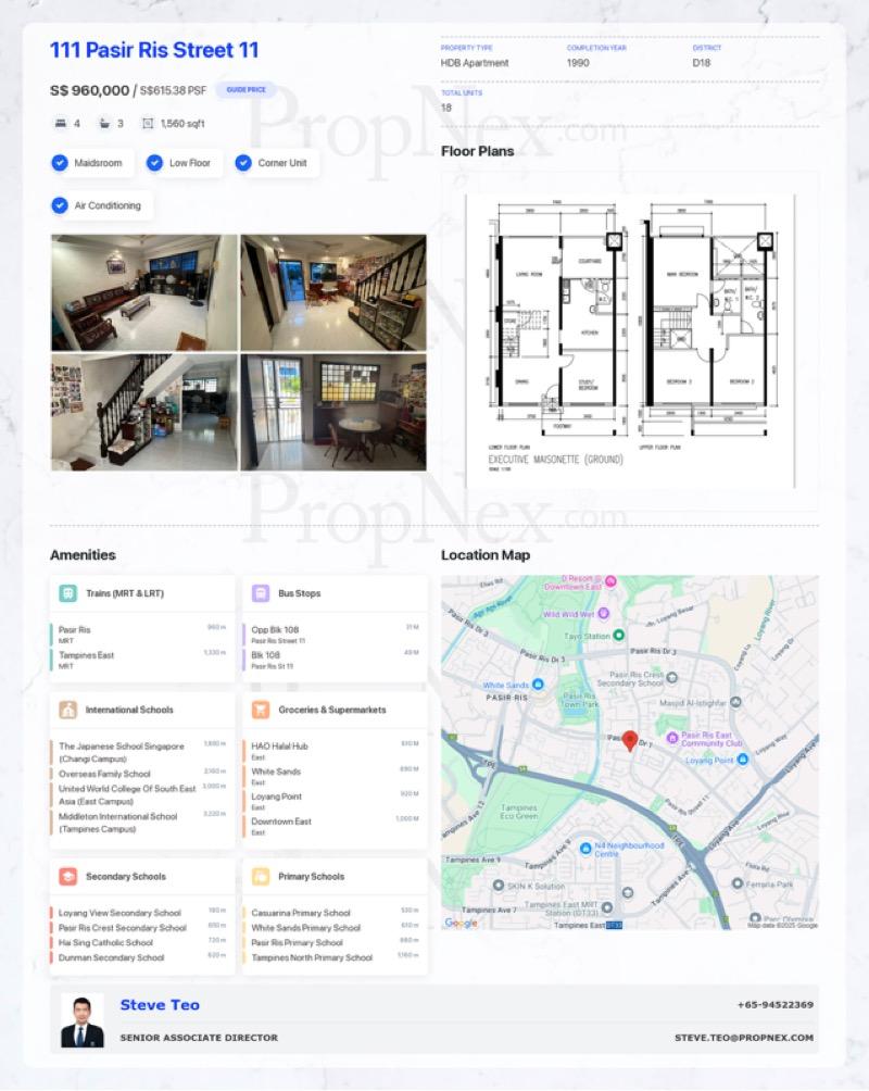 HDB Apartment for Sale, 111 Pasir Ris Street 11 HDB Apartment For Sale, $960,000, 4 Bed 3 Bath 1,560 sqft $615.00 psf, SGD 960,000 | 99-year Leasehold