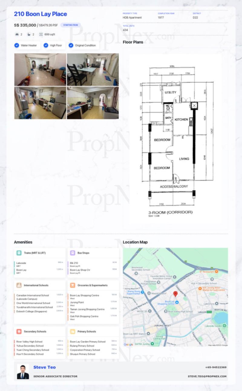 HDB Apartment for Sale, 210 Boon Lay Place HDB Apartment For Sale, $335,000, 2 Bed 2 Bath 699 sqft $479.00 psf, SGD 335,000 | 99-year Leasehold