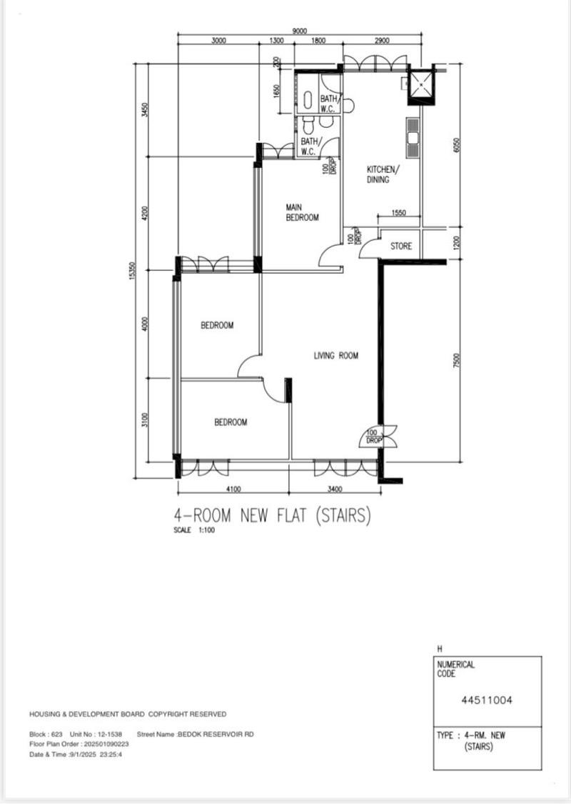 623 Bedok Reservoir Road HDB Apartment For Sale, $630,000, 3 Bed 2 Bath 96 sqft $6,563.00 psf