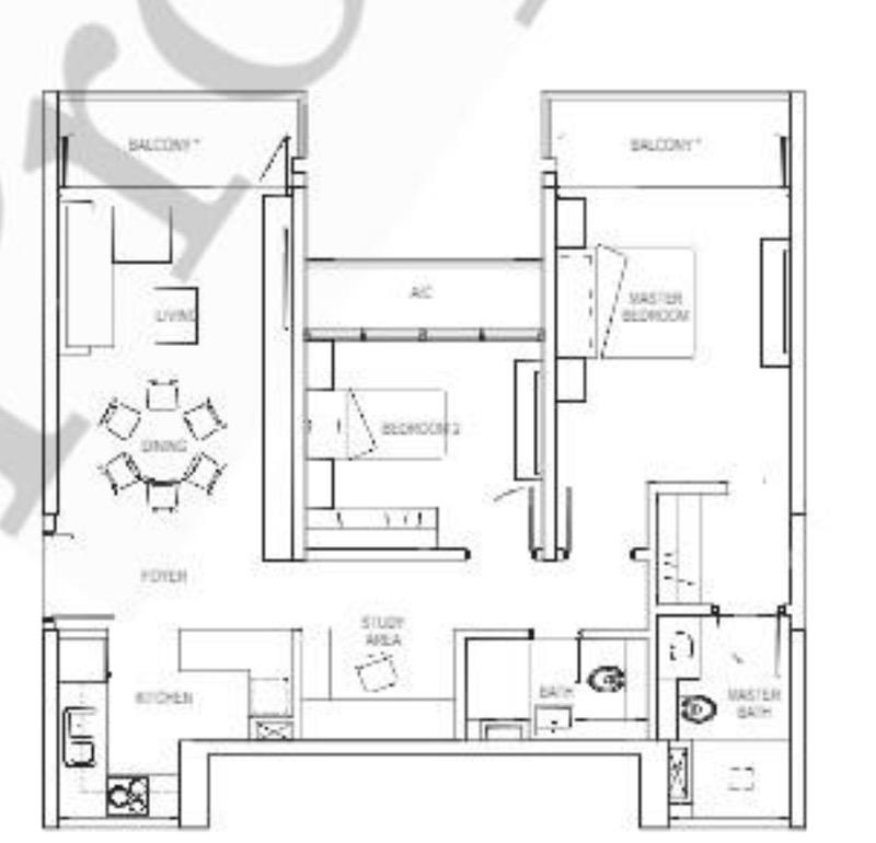 Kallang Riverside Condominium For Sale, $2,500,000, 3 Bed 2 Bath 1,033 sqft $2,420.00 psf