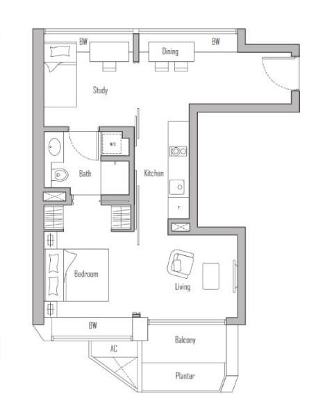 V on Shenton Condominium For Sale, $1,380,000, 2 Bed 1 Bath 689 sqft $2,003.00 psf