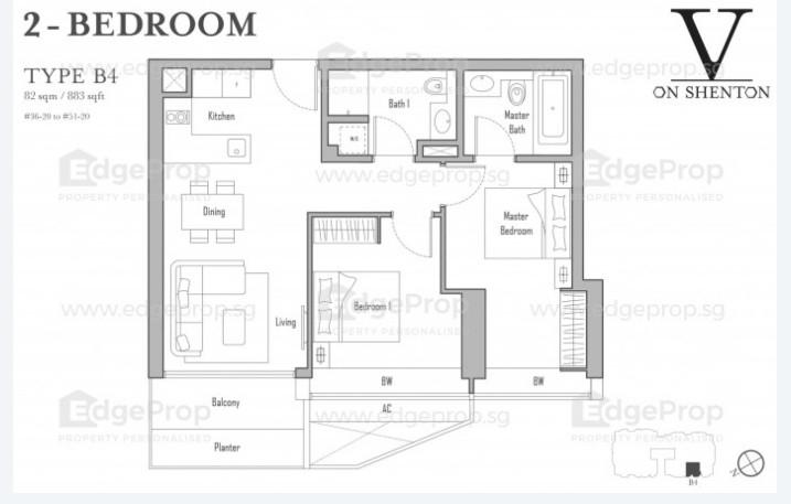 V on Shenton Condominium For Sale, $2,280,000, 2 Bed 2 Bath 883 sqft $2,582.00 psf