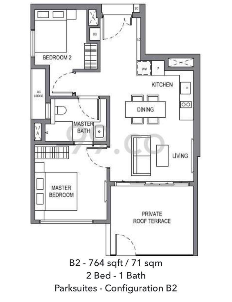 Parksuites Condominium For Rent, $5,400, 2 Bed 1 Bath 764 sqft $7.07 psf