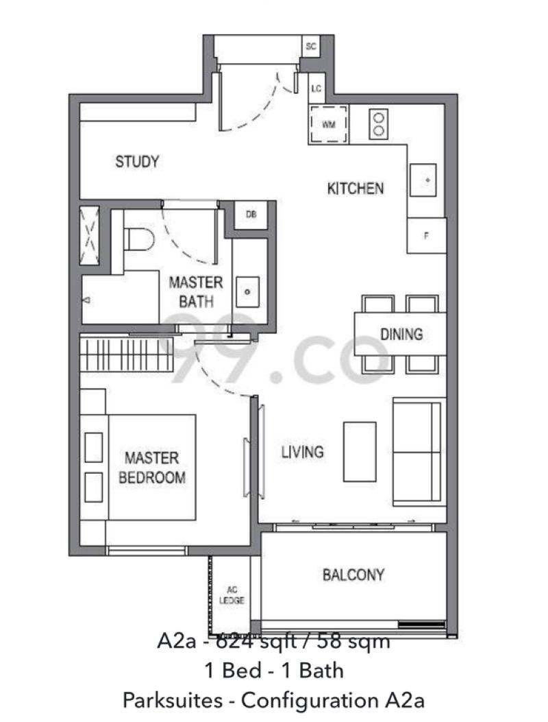 Parksuites Condominium For Rent, $4,400, 2 Bed 1 Bath 624 sqft $7.05 psf
