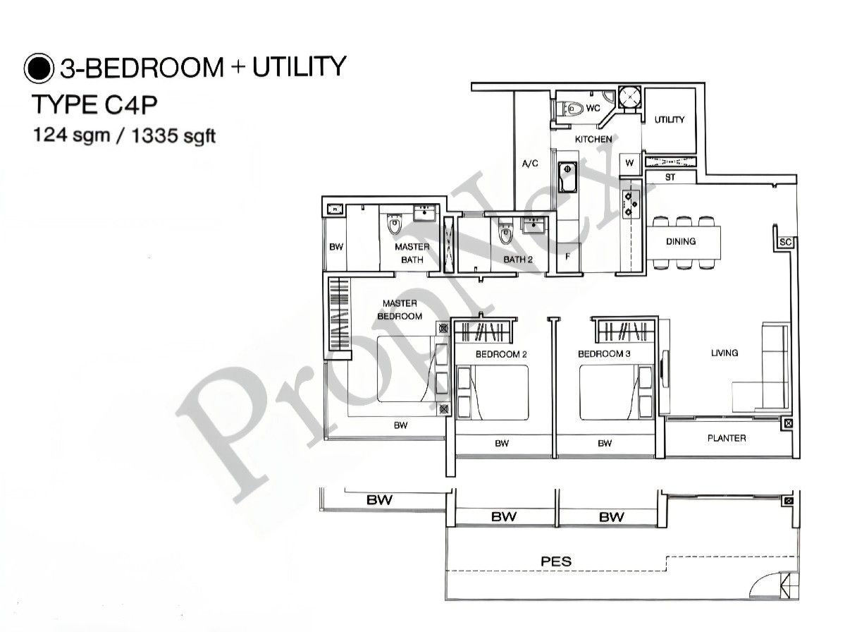 8 @ Woodleigh Condominium For Rent, $6,600, 3 Bed 3 Bath 1,335 sqft $4.94 psf