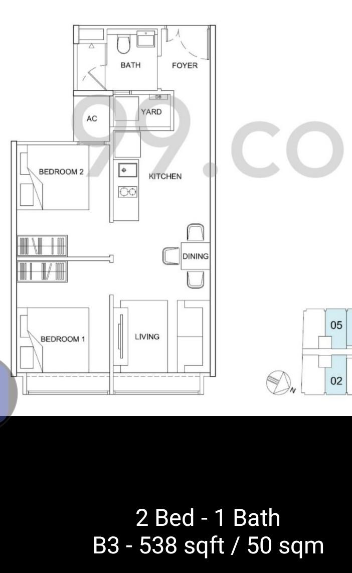 Condominium for Rent, Longhaus Condominium For Rent, $3,500, 2 Bed 1 Bath 538 sqft $6.51 psf, SGD 3,500