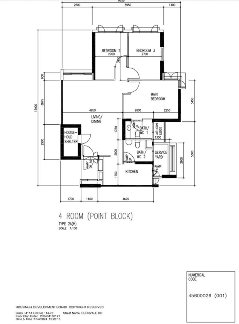 HDB Apartment for Rent, 411A Fernvale Road HDB Apartment Room Rental, $1,300, 1 Bed 2 Bath 1,076 sqft $1.21 psf, SGD 1,300 | 99-year Leasehold