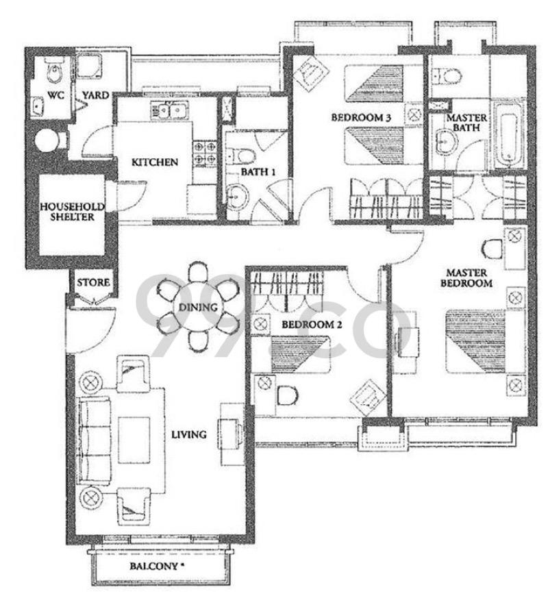 Condominium for Rent, Ventana Condominium Room Rental, $1,850, 1 Bed 2 Bath 130 sqft $14.23 psf, SGD 1,850 | Freehold